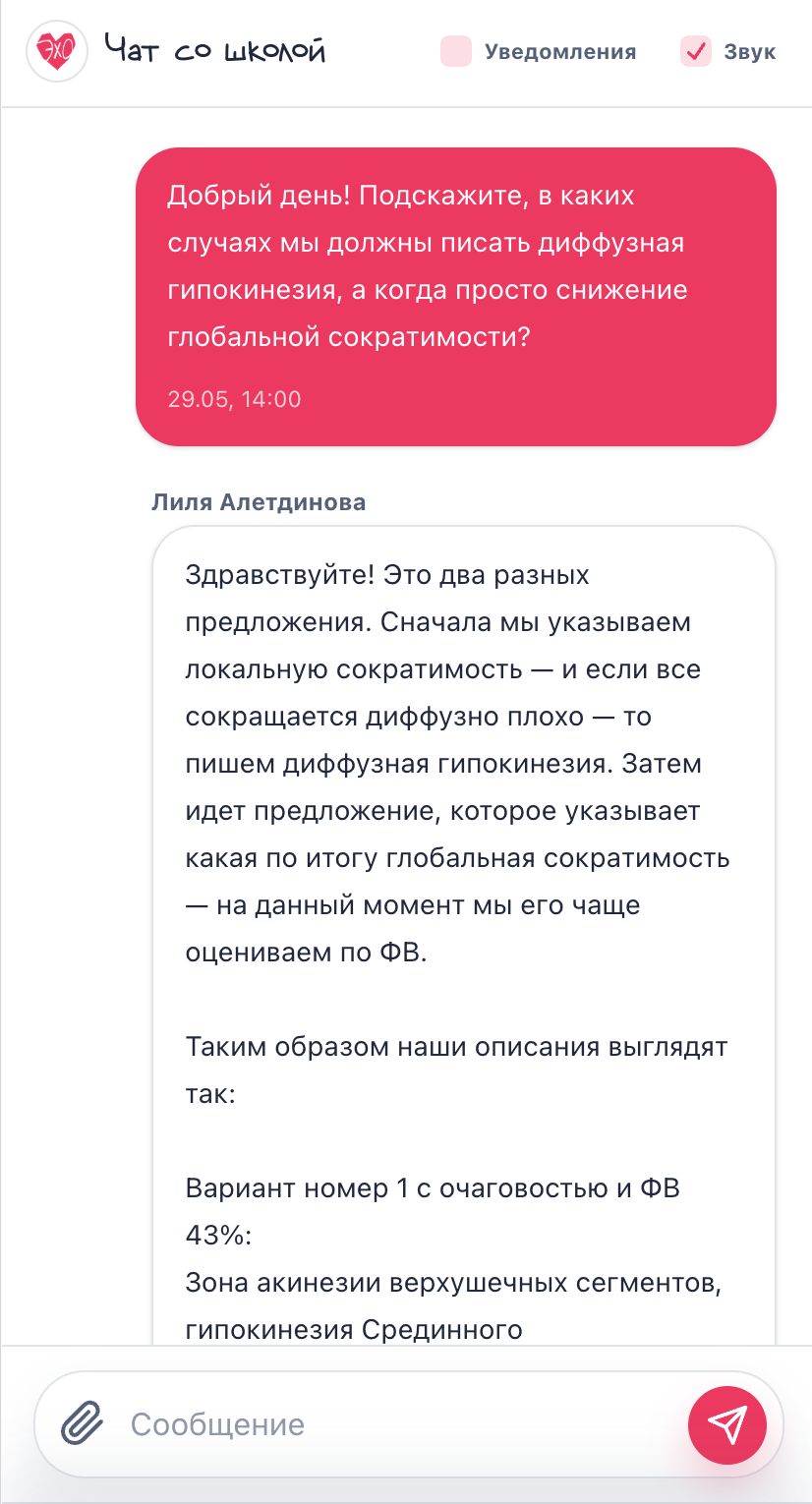 Скриншот чата с кураторами учебной платформы